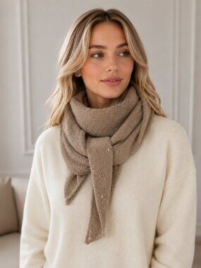 Beige Knit Triangle Scarf with Sequins Soft Cozy Winter Neck Wrap
